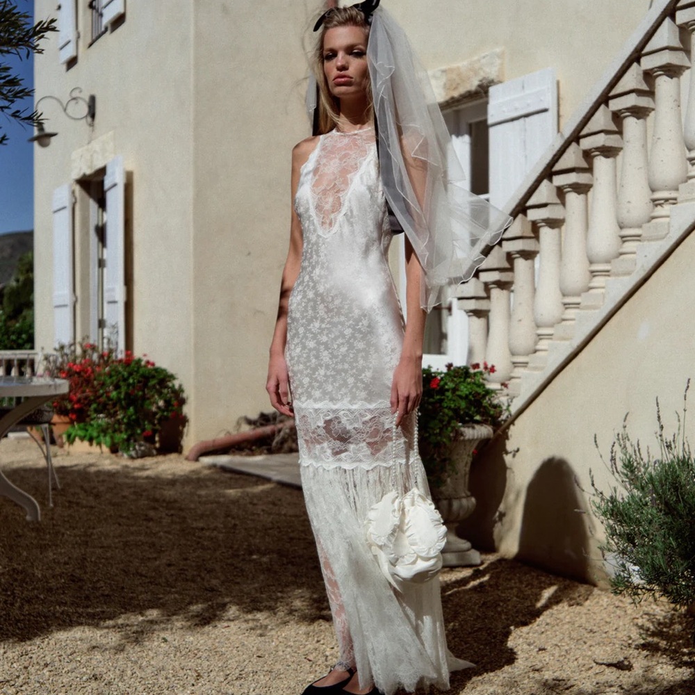 For Love And Lemons White Plunge Neck Sleeveless Gown